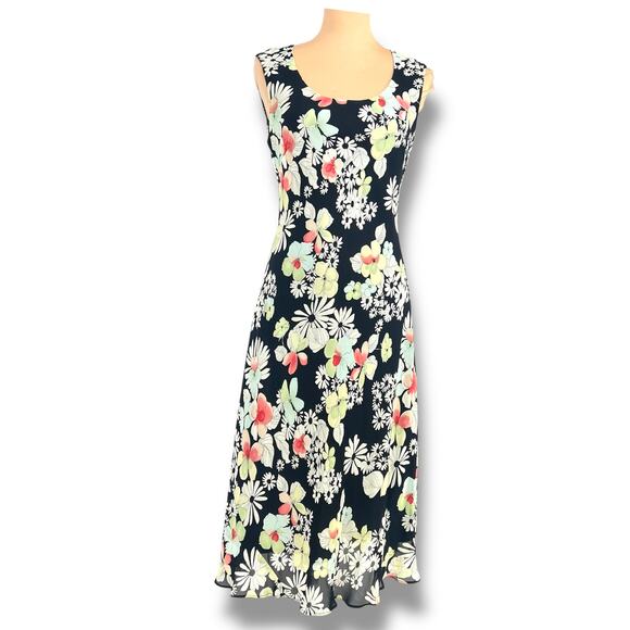 JONES WEAR DRESS Pastel Floral/Black Woven Rayon Midi Dress 10 Formal FairyCore - Picture 1 of 7